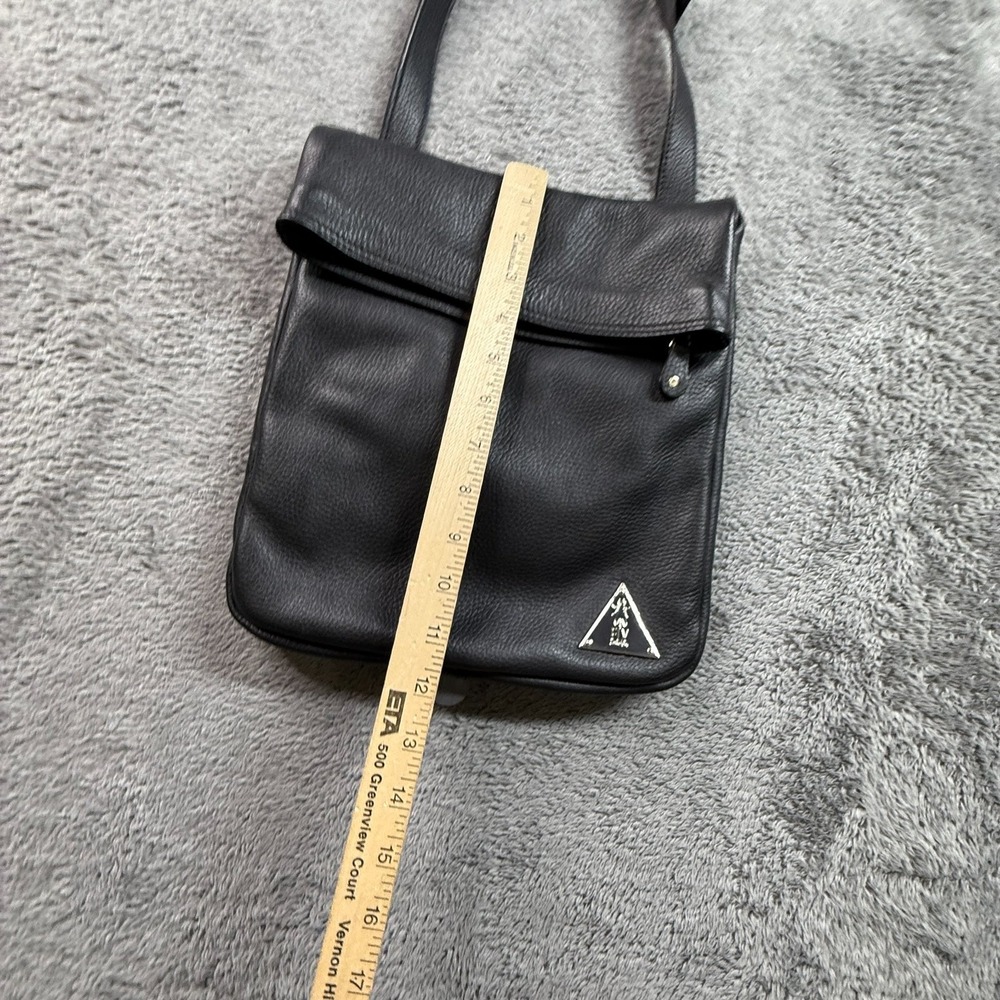 Fly London Black Leather Crossbody Bag Fold Over Flap Zip Close Triangular Logo - Picture 6 of 8